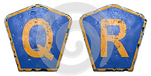 Set of public road signs in blue and orange color with a capital letters Q and R in the center isolated white background