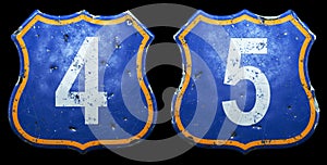 Set of Public road signs in blue and orange color with a capitol white numbers 4, 5 in the center isolated black