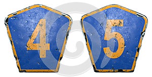 Set of public road signs in blue and orange color with a numbers 4 and 5 in the center isolated white background. 3d