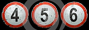 Set of public road signs in red and white with a numbers 4, 5, 6 in the center isolated on black background. 3d