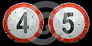 Set of public road signs in red and white with a numbers 4, 5 in the center isolated on black background. 3d