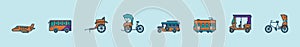 Set of public transportation cartoon icon design template with various models. vector illustration isolated on blue background