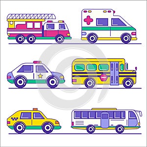 Set of public transportation and city transport in trendy line s
