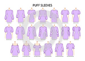 Set of Puff sleeves clothes dropped, baloon, virago, Marie, paned, drawstring technical fashion illustration, fitted