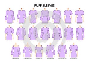 Set of Puff sleeves clothes dropped, baloon, virago, Marie, paned, drawstring technical fashion illustration, fitted photo