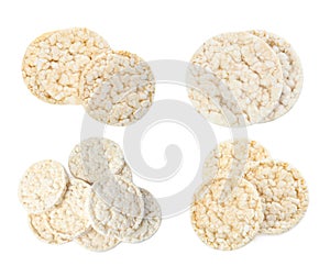 Set of puffed rice cakes on white background, top view