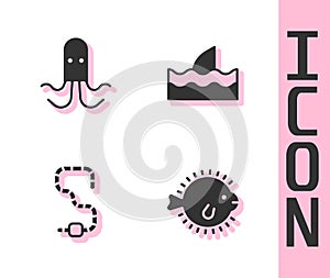 Set Puffer fish, Octopus, Worm and Shark fin in ocean wave icon. Vector