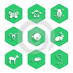 Set Puffer fish, Rat, Worm, Rabbit, Horse, Head of goat ram, Wild boar head and Butterfly icon. Vector