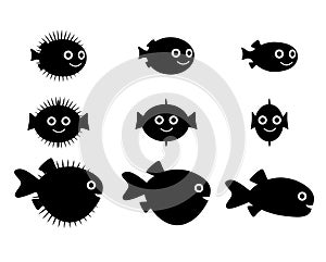 Set of pufferfish, blowfish and globefish silhouette