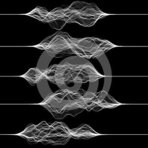 Set of pulsation or vibration graphics. Music or noise signal. Vector illustration of generative art