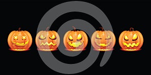 Set pumpkin on black background. Orange pumpkin with scary face for your design for the holiday Halloween.