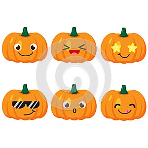Set of pumpkin emojis. Kawaii style icons, vegetable characters. Vector illustration in cartoon flat style. Set of funny