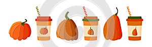 Set of pumpkin spice seasonal flavored products, coffee, latte. Autumn drinks and pumpkin
