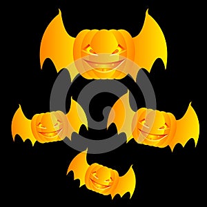 Flying angry and scary yellow pumpkins with bats wings on a black background. Halloween theme. Vector illustration.