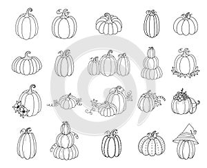 Set pumpkins, black outlined big set cute hand drawn,doodle,clipart pumpkins background. vector