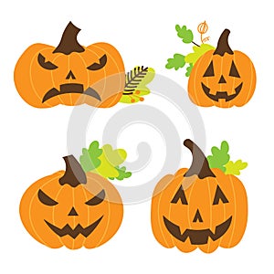 Set of pumpkins for Halloween holiday. Simple illustrations of different Jack-o`-lanterns