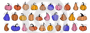 Set pumpkins, squash vector symbols illustrations. Retro 90s style pumpkins, halloween squash, fall harvest gourds