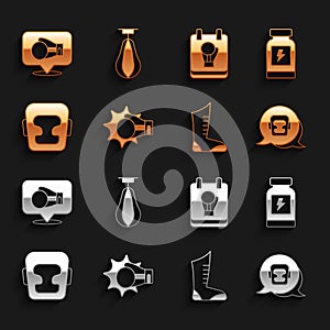 Set Punch in boxing glove, Energy drink, Boxing helmet, Sport shoes, and Punching bag icon. Vector