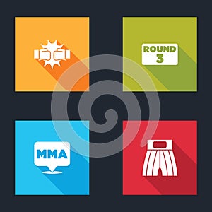 Set Punch in boxing gloves, Boxing ring board, Fight club MMA and short icon. Vector