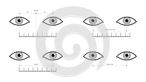 Set of Pupillary distance measurement template Eye frame glasses fashion accessory medical illustration. Optical