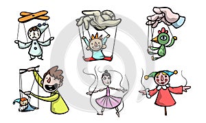 Set of puppets, marionettes and puppet masters vector illustration