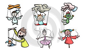 Set of puppets, marionettes and puppet masters vector illustration photo