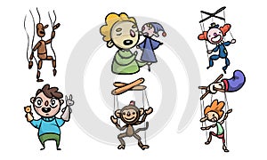 Set of puppets, wooden marionettes and puppet masters vector illustration