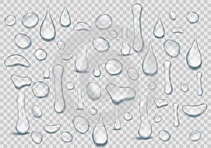 Set of Pure clear Drops of water on a transparent background. Realistic water background with drops isolated. Vector