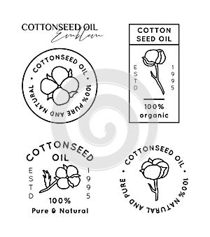 Set Pure Cottonseed Oil Liner labels and badges - Vector Round Icons, Stickers, Stamps Cotton Flowers. Natural Oil Logos photo