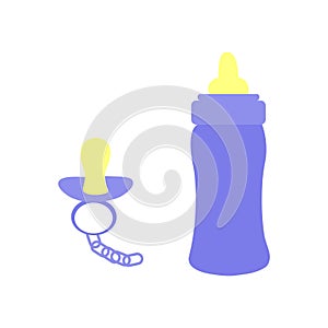 A set of a purple babies pacifier and bottle