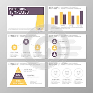 Set of purple and orange template for multipurpose presentation slides. Leaflet, annual report, book cover design.