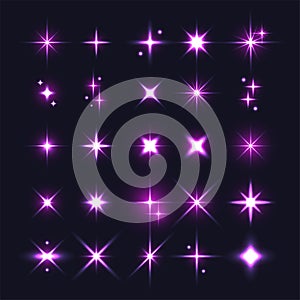 Set of purple sparkles icons. Collection of star shine symbol design on dark blue background. Magic particle effect icon.