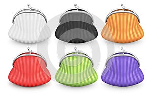 Set of purses of different colors on a white background