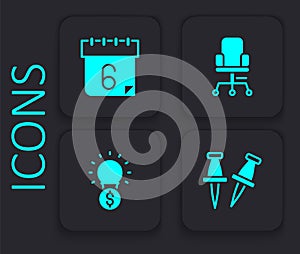 Set Push pin, Calendar, Office chair and Light bulb with dollar icon. Black square button. Vector