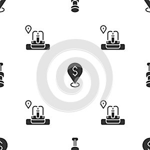 Set Push pin, Cash location and Location with fountain on seamless pattern. Vector