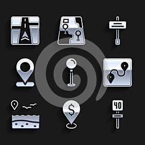 Set Push pin, Cash location, Road traffic sign, Route, Location with beach, and Gps device map icon. Vector