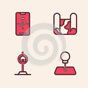 Set Push pin, Compass on mobile, Folded map and Hotel sign for traffic icon. Vector