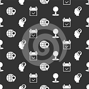 Set Push pin, Delivery man with cardboard boxes, Location on the globe and Calendar with check mark on seamless pattern