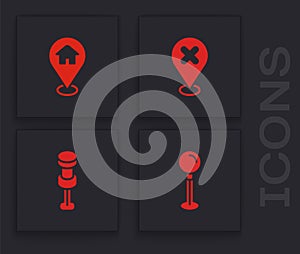 Set Push pin, Location with house, cross mark and icon. Vector