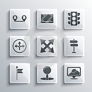 Set Push pin, Location, Road traffic sign, marker, Route location and Traffic light icon. Vector