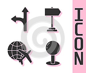 Set Push pin, Road traffic sign, Globe with flying plane and Road traffic sign icon. Vector