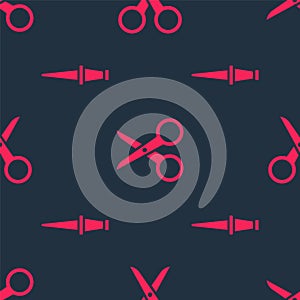 Set Push pin and Scissors on seamless pattern. Vector