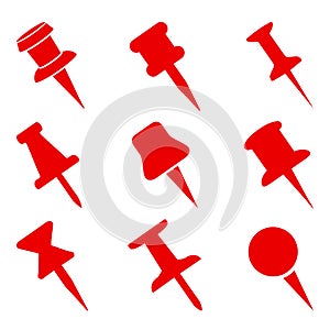 Set push pin sign icons for web site, page and mobile app design element. Push pins pinned in different angles