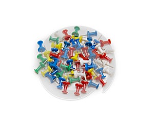 Set of push pins in different colors, isolated on white background.