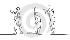 Set of puttying walls, leveling walls, worker in uniform, spatula, Steel Trowel, painter one line art. Continuous line