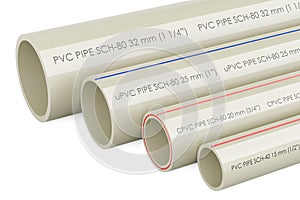 Set of PVC pipes, composite pipe, uPVC pipe, cPVC pipe, 3D rendering