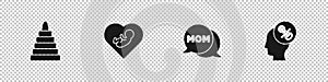 Set Pyramid toy, Baby inside heart, Speech bubble mom and dummy pacifier icon. Vector