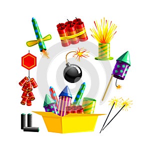 Set Pyrotechnics and Fireworks. Rocket and Flapper with Bomb with Burning Wick. Firework for Birthday Party Celebration