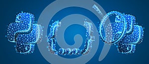 Set of Python coding language signs, with magnifying glass and code line. Programming, developing concept. Low poly, wireframe 3d