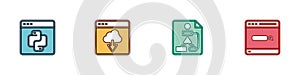 Set Python programming language, Cloud technology data transfer, Flowchart and Search engine icon. Vector